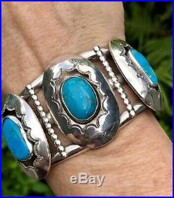 Old Native American Rare 3 Turquoise Sterling Silver Cuff Bracelet 74g Stamped