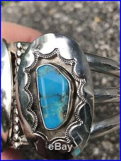 Old Native American Rare 3 Turquoise Sterling Silver Cuff Bracelet 74g Stamped