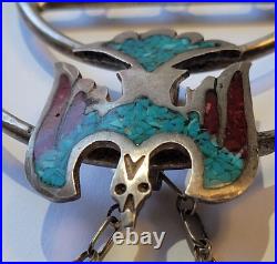 Old Pawn Navajo Sterling Turquoise Coral Chip Inlay Peyote Bird 18in Necklace