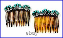 Old Pawn Navajo Turquoise Cluster Hair Combs Pair Sterling Silver Native Rare