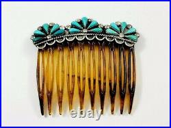 Old Pawn Navajo Turquoise Cluster Hair Combs Pair Sterling Silver Native Rare