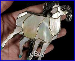 Old Pawn Vintage ZUNI RARE Signed by Hand BIG HORN SHEEP Inlay Coral Bolo Tie