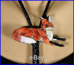Old Pawn Vintage ZUNI RARE Signed by Hand RED FOX Carved Inlay Coral Bolo Tie