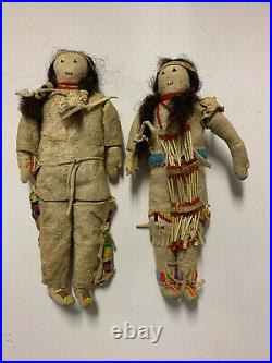 Pair of Antique Native American Indian Beaded Leather Plains Tribe Dolls Rare