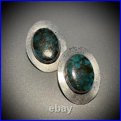 Pawn Native American Rare Gem Lander Blue Turquoise Sterling Silver Earrings