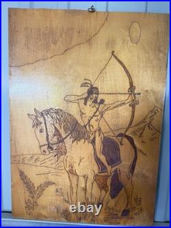 RARE 1/1 Native American Archer Wood Burning Art Pyrography Vintage Plaque 27x19