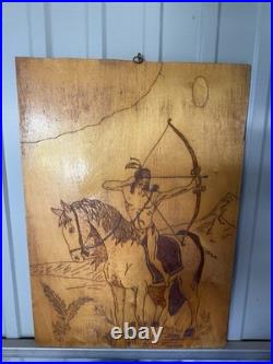 RARE 1/1 Native American Archer Wood Burning Art Pyrography Vintage Plaque 27x19