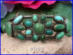 RARE 1920s OLD PAWN ZUNI TURQUOISE CLUSTER HAND WROUGHT STERLING CUFF BRACELET