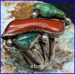 RARE 1940s Zuni Leekya Deyuse Sterling Turquoise & Coral Bird Leaf Ring Size 7.5