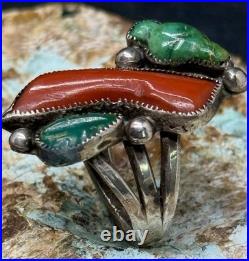 RARE 1940s Zuni Leekya Deyuse Sterling Turquoise & Coral Bird Leaf Ring Size 7.5