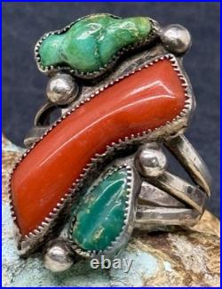 RARE 1940s Zuni Leekya Deyuse Sterling Turquoise & Coral Bird Leaf Ring Size 7.5
