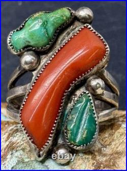RARE 1940s Zuni Leekya Deyuse Sterling Turquoise & Coral Bird Leaf Ring Size 7.5