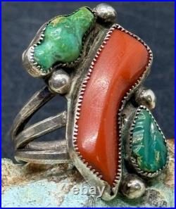 RARE 1940s Zuni Leekya Deyuse Sterling Turquoise & Coral Bird Leaf Ring Size 7.5