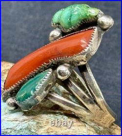 RARE 1940s Zuni Leekya Deyuse Sterling Turquoise & Coral Bird Leaf Ring Size 7.5