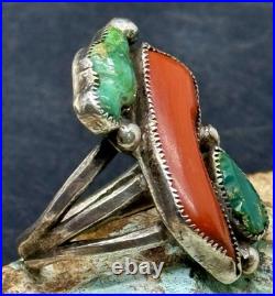 RARE 1940s Zuni Leekya Deyuse Sterling Turquoise & Coral Bird Leaf Ring Size 7.5