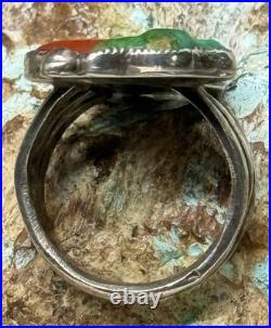 RARE 1940s Zuni Leekya Deyuse Sterling Turquoise & Coral Bird Leaf Ring Size 7.5