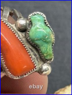 RARE 1940s Zuni Leekya Deyuse Sterling Turquoise & Coral Bird Leaf Ring Size 7.5