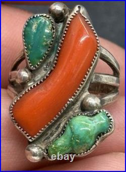 RARE 1940s Zuni Leekya Deyuse Sterling Turquoise & Coral Bird Leaf Ring Size 7.5