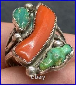 RARE 1940s Zuni Leekya Deyuse Sterling Turquoise & Coral Bird Leaf Ring Size 7.5