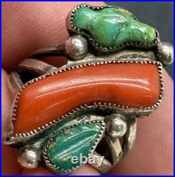RARE 1940s Zuni Leekya Deyuse Sterling Turquoise & Coral Bird Leaf Ring Size 7.5