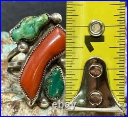 RARE 1940s Zuni Leekya Deyuse Sterling Turquoise & Coral Bird Leaf Ring Size 7.5