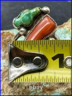 RARE 1940s Zuni Leekya Deyuse Sterling Turquoise & Coral Bird Leaf Ring Size 7.5