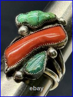 RARE 1940s Zuni Leekya Deyuse Sterling Turquoise & Coral Bird Leaf Ring Size 7.5