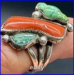 RARE 1940s Zuni Leekya Deyuse Sterling Turquoise & Coral Bird Leaf Ring Size 7.5