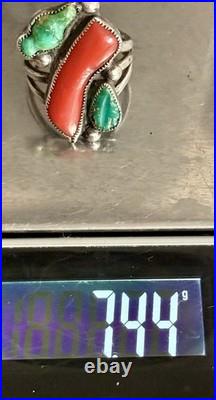 RARE 1940s Zuni Leekya Deyuse Sterling Turquoise & Coral Bird Leaf Ring Size 7.5