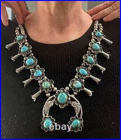 RARE 1950s 26 BLUE TURQUOISE NAVAJO STERLING SQUASH BLOSSOM NECKLACE 250grams