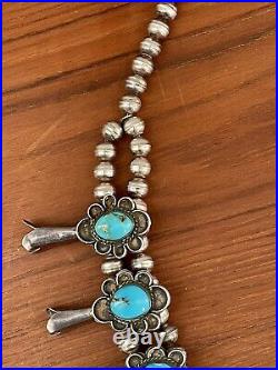 RARE 1950s 26 BLUE TURQUOISE NAVAJO STERLING SQUASH BLOSSOM NECKLACE 250grams
