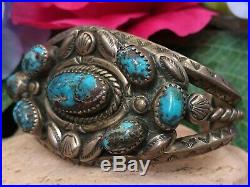 RARE 1950s NATIVE AMERICAN NAVAJO BISBEE TURQUOISE STERLING SILVER CUFF BRACELET
