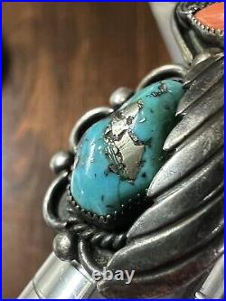 RARE 2 1/4 Sadie Calvin Vintage Native turquoise coral ring Size 5.75 Sterling