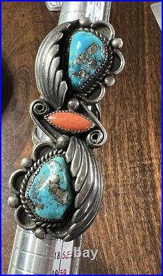 RARE 2 1/4 Sadie Calvin Vintage Native turquoise coral ring Size 5.75 Sterling
