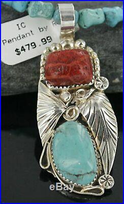 RARE $670Tag Silver Navajo Natural Coral Turquoise Native American Necklace