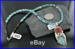 RARE $670Tag Silver Navajo Natural Coral Turquoise Native American Necklace