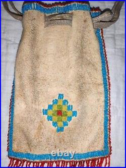 RARE ANTIQUE NATIVE AMERICAN INDIAN BEADED TOBACCO POUCH Well Preserved