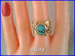 RARE ANTIQUE WIDE 14K SOLID GOLD Native American NAVAJO TURQUOISE RING sz 7 1/2