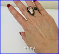 RARE Adjustable NATIVE AMERICAN Sterling Silver Pearl & Turquoise Ring
