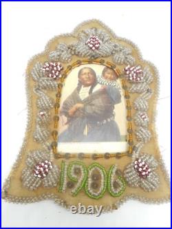 RARE Antique 1906 Native American Iroquois Beadwork Beaded Whimsy Picture Frame
