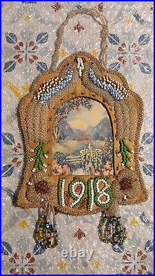 RARE Antique 1918 Native American Beadwork Beaded Whimsy Picture Frame