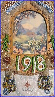 RARE Antique 1918 Native American Beadwork Beaded Whimsy Picture Frame