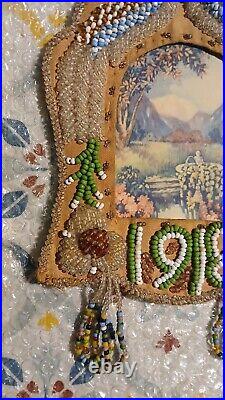 RARE Antique 1918 Native American Beadwork Beaded Whimsy Picture Frame