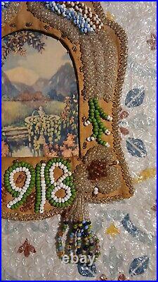 RARE Antique 1918 Native American Beadwork Beaded Whimsy Picture Frame