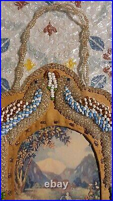 RARE Antique 1918 Native American Beadwork Beaded Whimsy Picture Frame