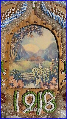 RARE Antique 1918 Native American Beadwork Beaded Whimsy Picture Frame