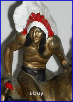 RARE Antique Armor Bronze Native American Indian Warrior on Horseback Bookends