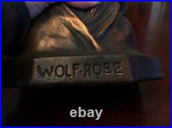 RARE Antique Bronze Native American Statue Marked Signed WOLF ROBE