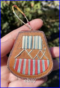 RARE Antique Native American Ottawa Birch Bark & Polychrome Quill Totem Ornament