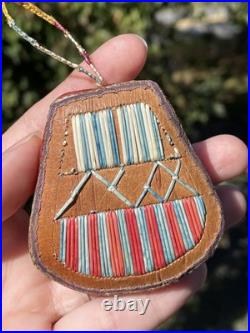 RARE Antique Native American Ottawa Birch Bark & Polychrome Quill Totem Ornament